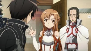 Asuna salue Kirito dans la boutique de Gil, elle est suivie par son garde du corps Kuradeel