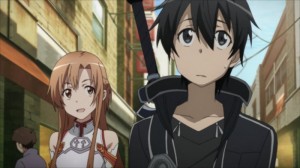 Asuna et Kirito marchent en ville