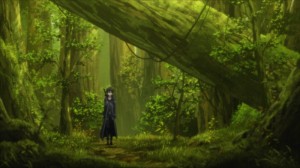 Kirito dans les bois après l'exploration du labyrinthe du niveau 74