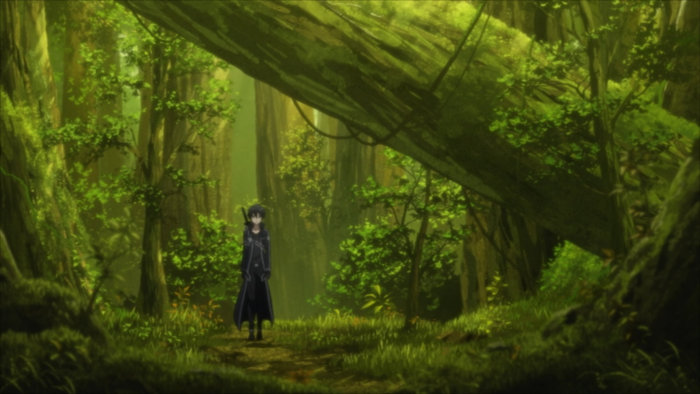 Kirito dans les bois après l'exploration du labyrinthe du niveau 74