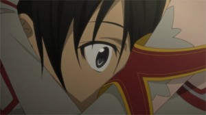 Asuna fait un câlin à Kirito après qu'il lui ait raconté la mort des membres de sa première guilde