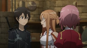 Kirito, Asuna et Lisbeth dans l'atelier de Lisbeth