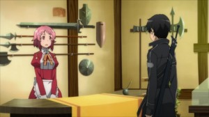 Lisbeth au comptoir de son magasin face à Kirito