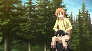 Kirito porte Asuna pour une marche dans les bois