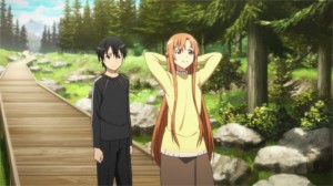 Kirito et Asuna marchent dans les bois et profitent de la vie en attendant de revenir aider au boss du niveau 75
