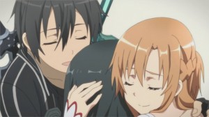 Câlin de famille entre Kirito, Asuna et Yui