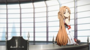 Asuna assise sur la table du bureau du conseil des knights of the blood