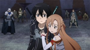 Asuna paralysée dans les bras de Kirito suite au sort d'Heathcliff