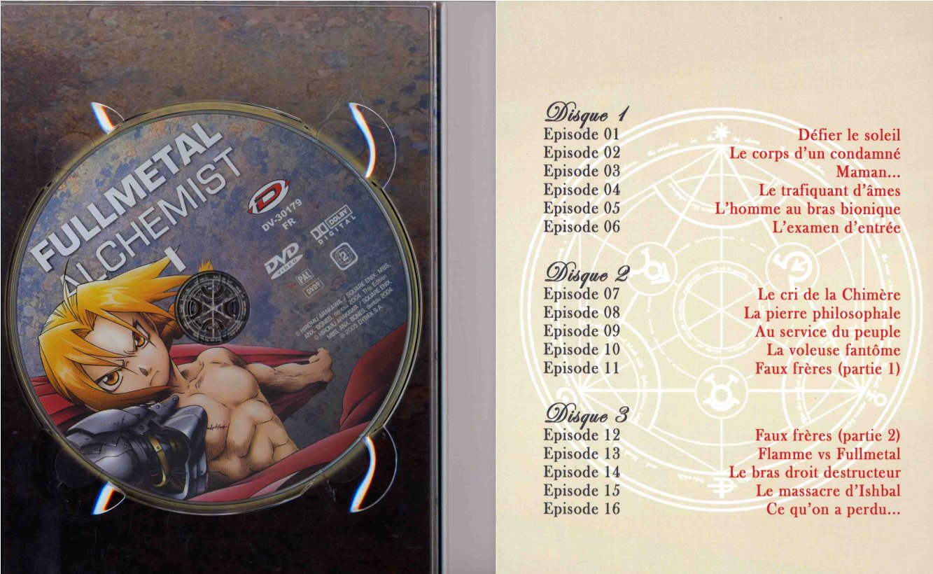 Intérieur du digipack avec les épisodes 1 à 15 de la box collector Fullmetal Alchemist