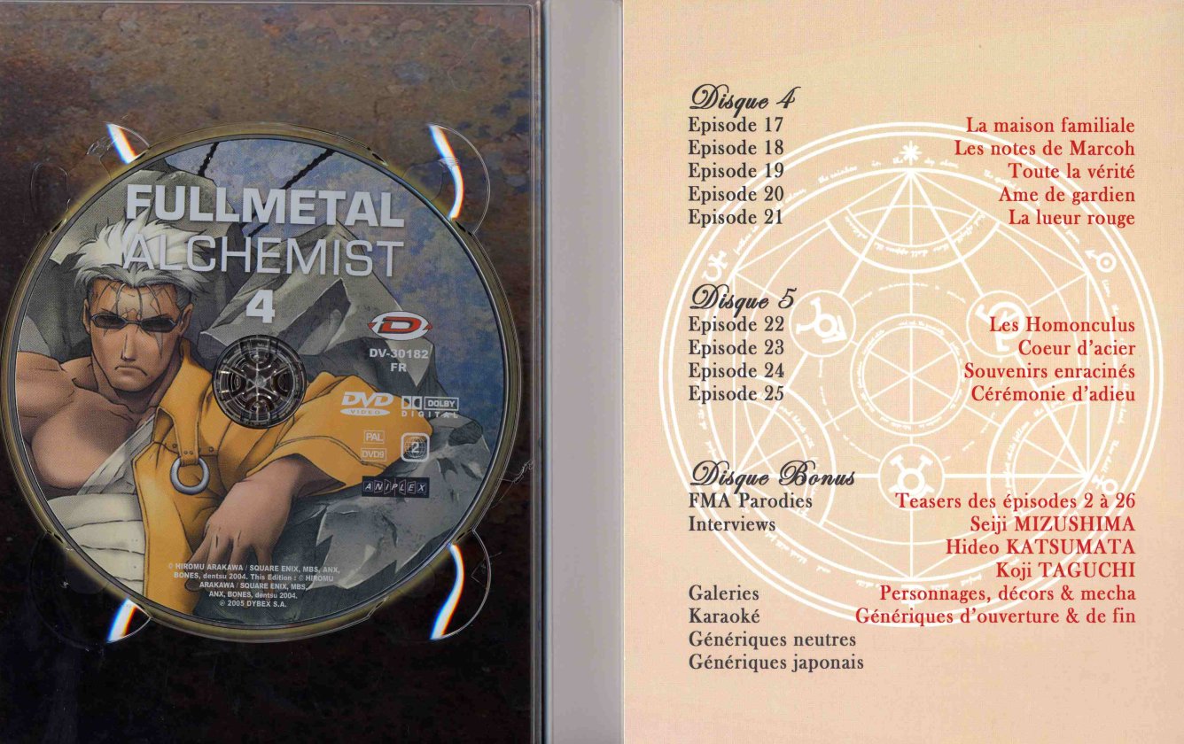 Intérieur du digipack avec les épisodes 16 à 25 (plus bonus) de la box collector Fullmetal Alchemist