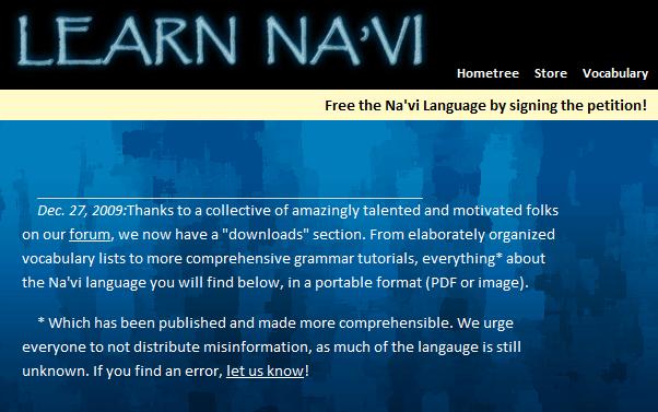 Site qui propose des rudiments de Na'vi la langue créé pour le film Avatar de James Cameron
