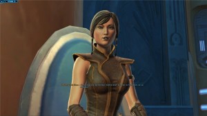 Satele Shan assise au conseil Jedi dans Star Wars : The Old Republic et écoute des rapports