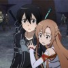 Asuna paralysée dans les bras de Kirito suite au sort d'Heathcliff