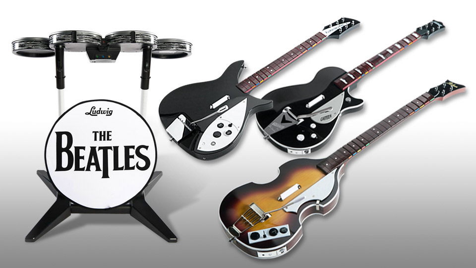 Photo des accessoires avec les instruments proposés pour le jeu rock band Beattles