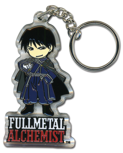 Porte clé de fullmetal Alchemsit représentant Roy Mustang avec le logo de la série