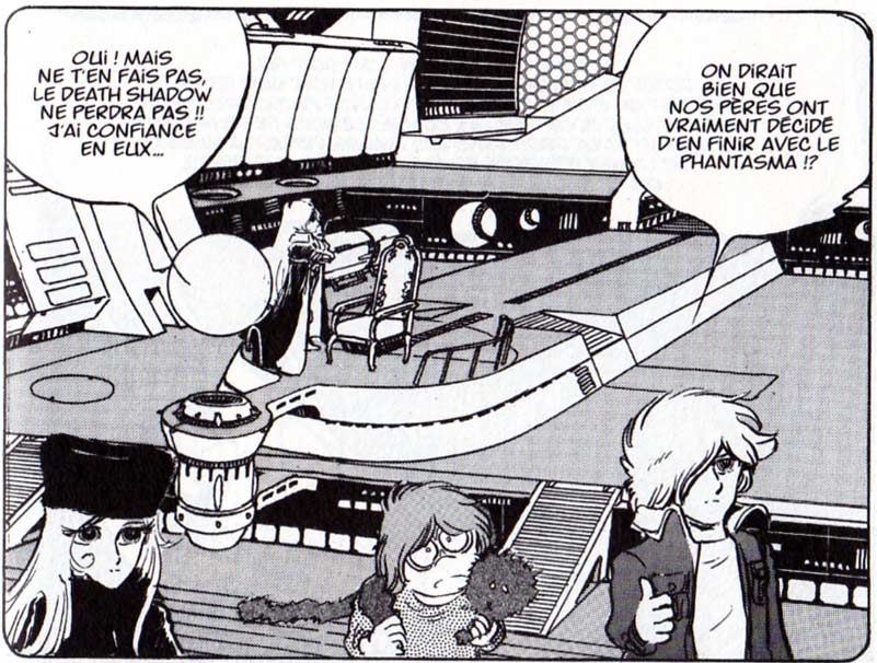 Albator et Toshiro enfants visitant le Queen Emeraldas aux côté de Maetel et Emeraldas