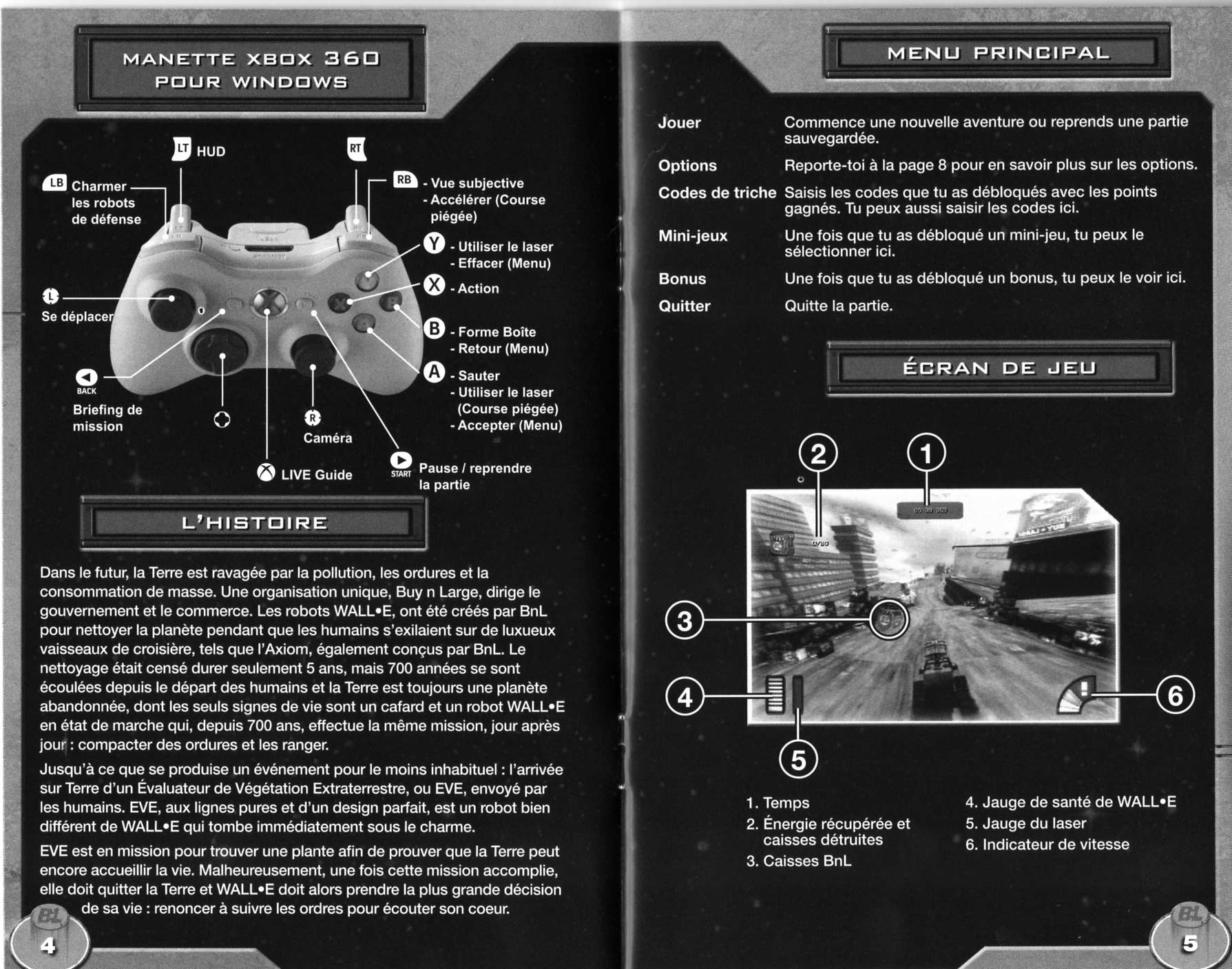 notice p 4 et 5 Wall-E (2008 Jeu vidéo THQ pour PC et MAC)