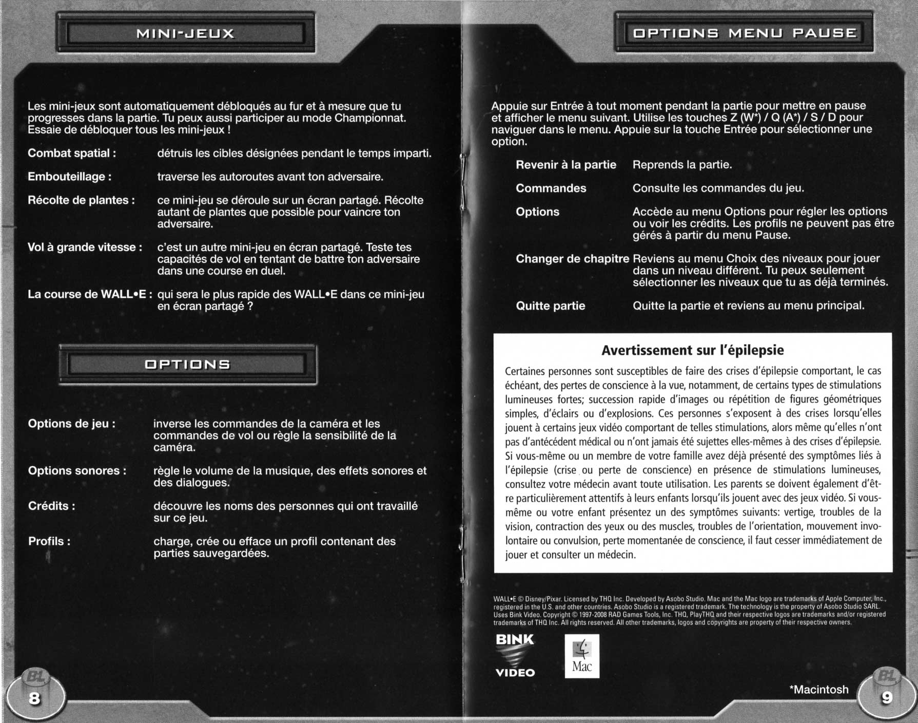notice p 8 et 9 Wall-E (2008 Jeu vidéo THQ pour PC et MAC)