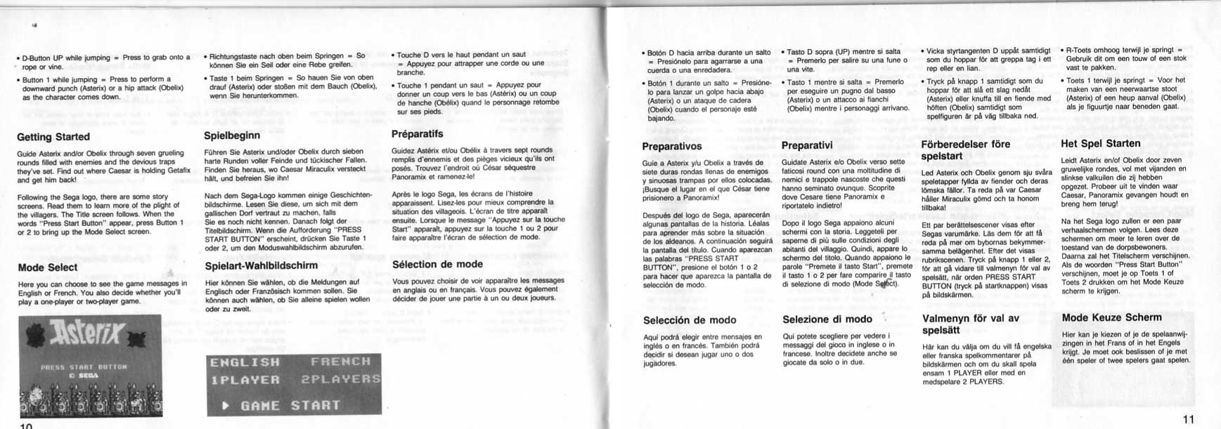 Astérix Jeux Master System Notice page 10-11