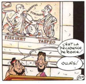 À l'enregistrement à l'entrée du village olympique, un bas-relief représente Goscinny et Uderzo avec une translittération de leurs noms en alphabet grec (????????, ??????). (p29-c1