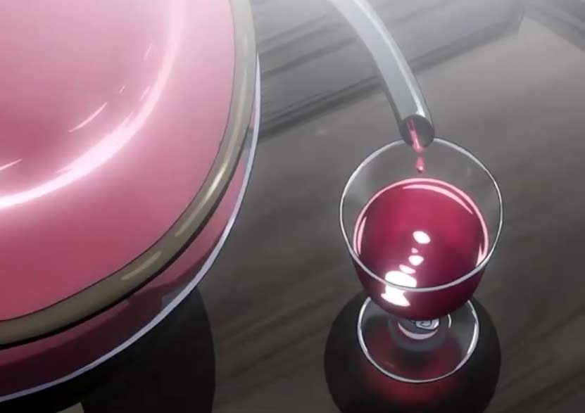 après un processus de filtrage, la pierre philosophale de Greed ressort sous forme d'un liquide rouge que Père va boire.