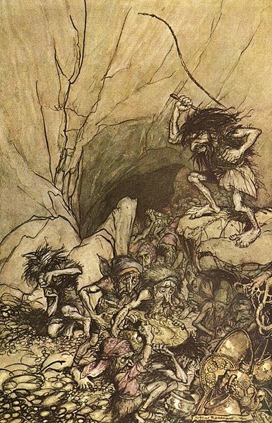 Illustration d'Alberich dominant les nibelungen faite en 1910 par Arthur Rackham